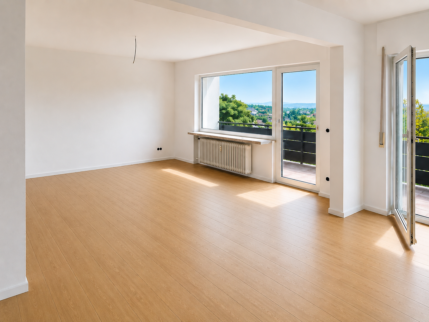 Heller Wohnraum mit Fensterfront, Balkonzugang und Blick über Bad Kreuznach