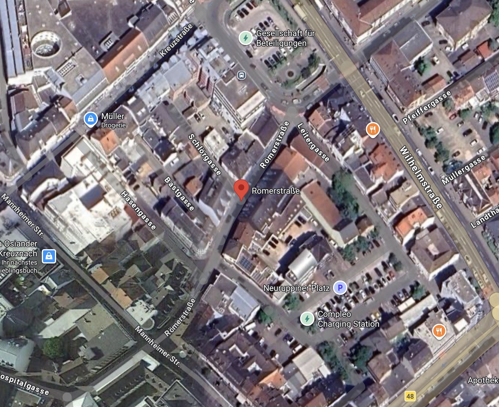 Satellitenansicht des Standorts mit den Adressen Römerstraße 15, 17, 19 und Schlörgasse 9 in Bad Kreuznach