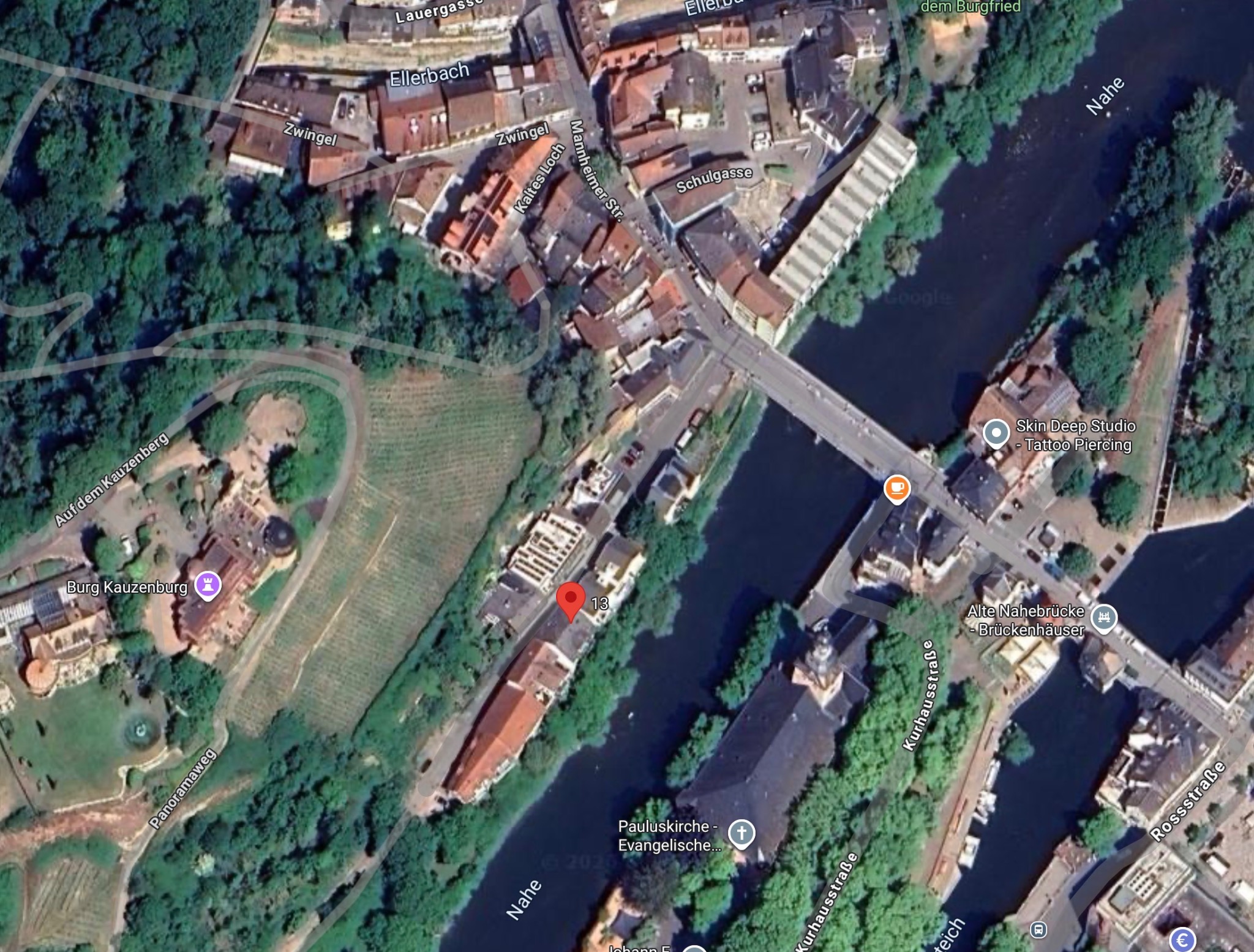 Satellitenansicht des Standorts zwischen Nahe, Kauzenburg und Innenstadt in Bad Kreuznach