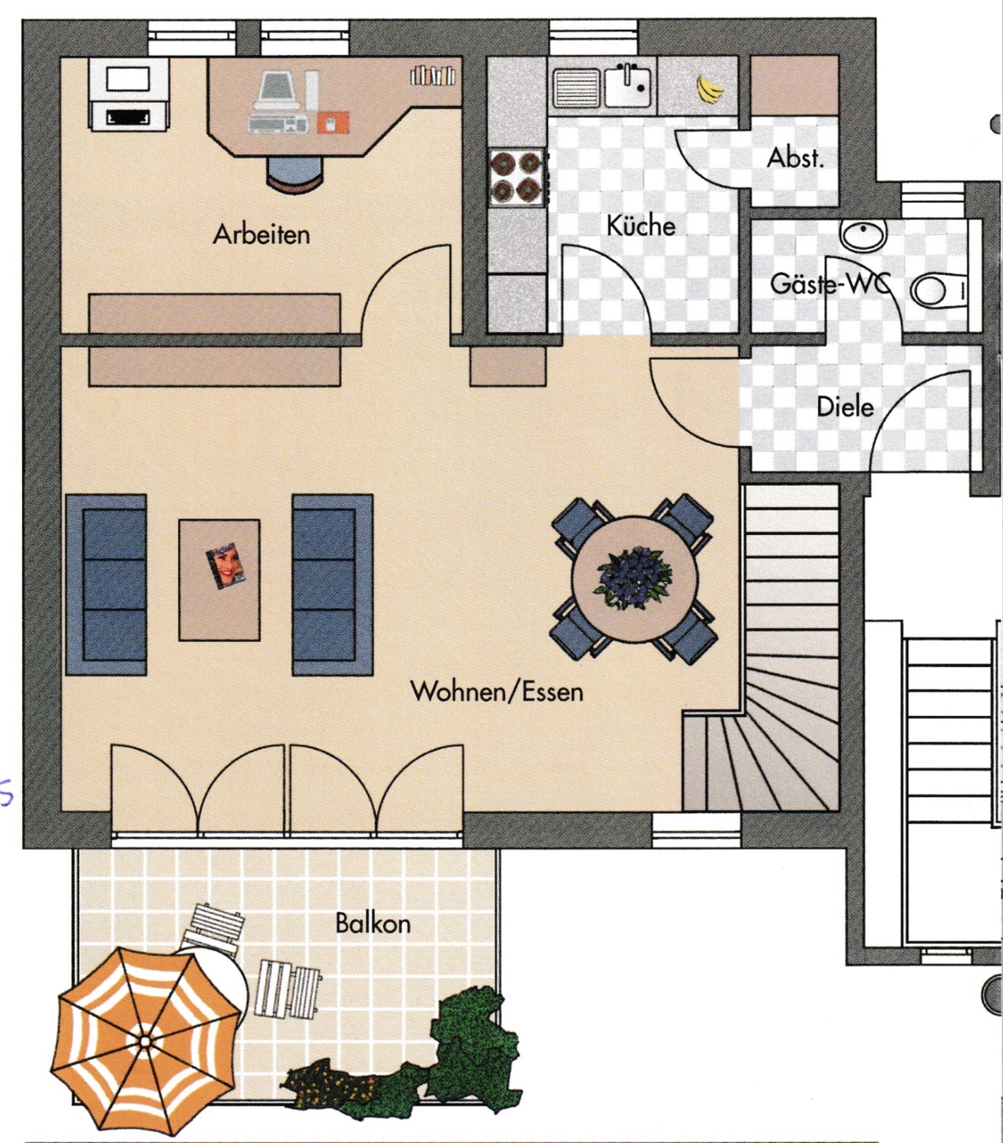 Grundriss der Wohnebene mit Arbeiten, Küche, Wohnen und Essen sowie Balkon