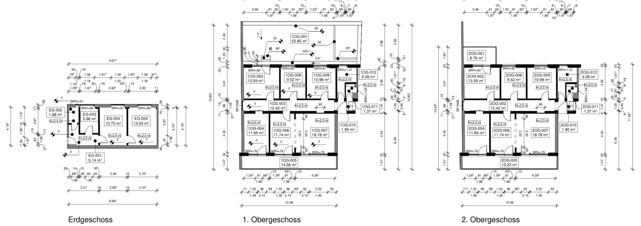 Grundrisse von Erdgeschoss, erstem Obergeschoss und zweitem Obergeschoss des Wohnobjekts in der Rheingrafenstraße 72 A