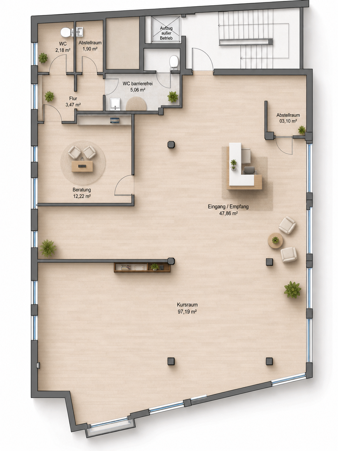 Grundriss der 327 qm Büro- und Praxisfläche im 2. Obergeschoss am Bourger Platz 8 in Bad Kreuznach